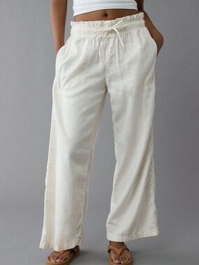 AE Dreamy Drape Linen-Blend Pull-On Pant - white